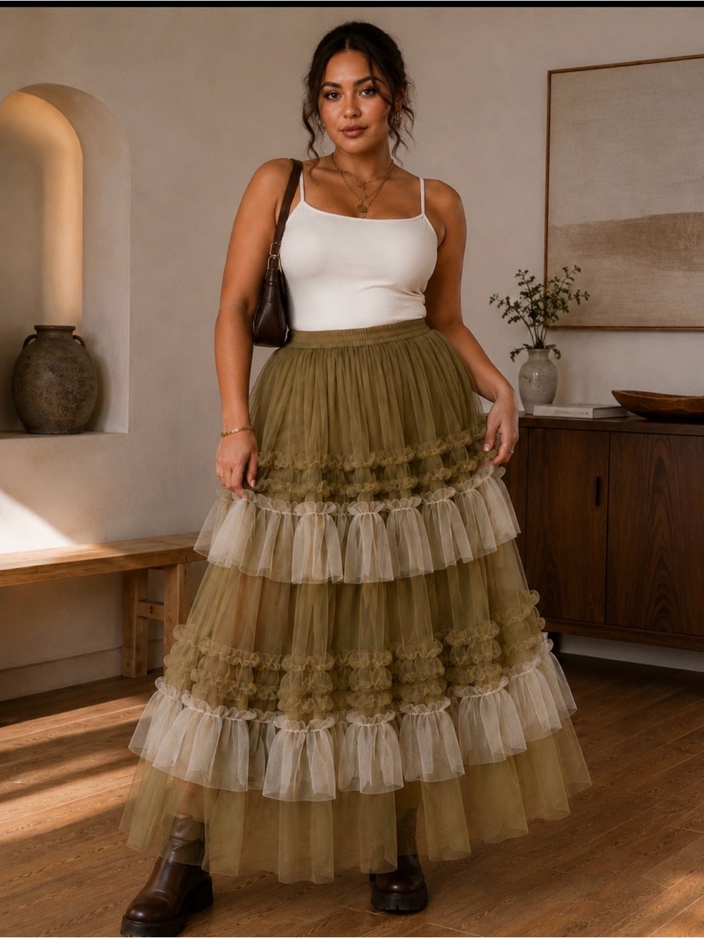 Olive Layered Tulle Maxi Skirt - Flowy Ruffled Design